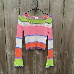 Y2K Rainbow Crochet Striped Flare Bell Crop Sleeves Lettuce Hem Sweater‎ Small